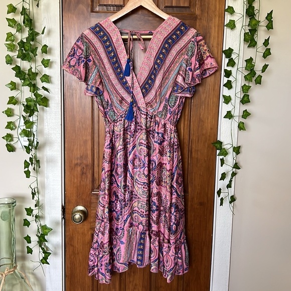 SILK Blend Bohemian Boho Tie Neck Pink Paisley Midi Dress - Picture 3 of 10